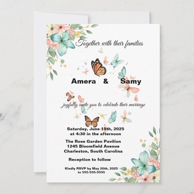 Élégante invitation de mariage florale papillon aq (Devant)