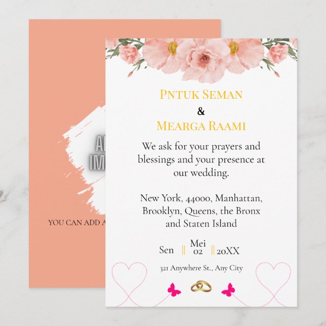 Élégante invitation de mariage florale rose avec d (Devant / Derrière)