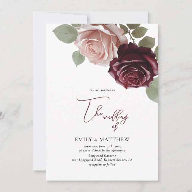 Élégante invitation de mariage florale rose burgun (Devant)