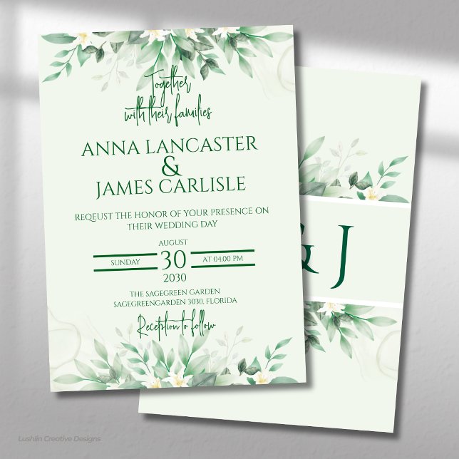 Élégante invitation de mariage florale vert sauge (Créateur téléchargé)