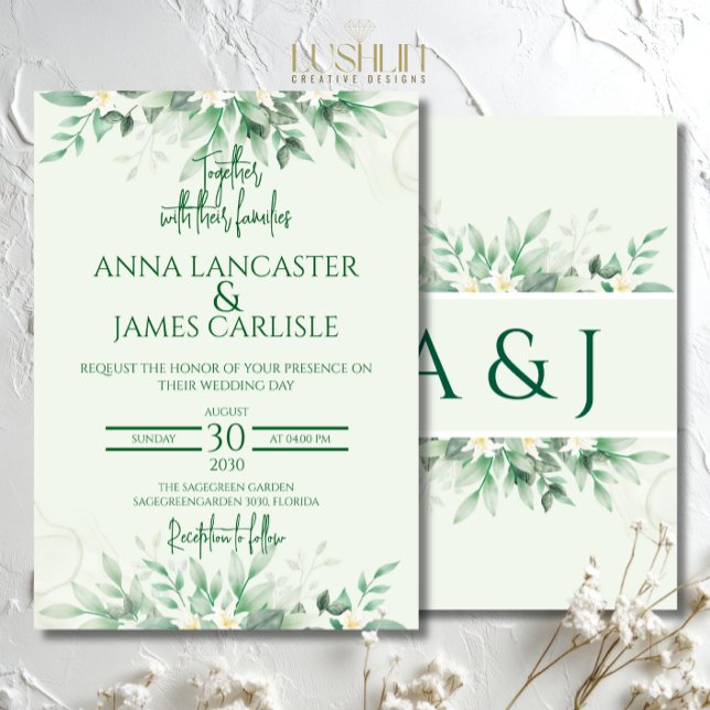 Élégante invitation de mariage florale vert sauge (Créateur téléchargé)
