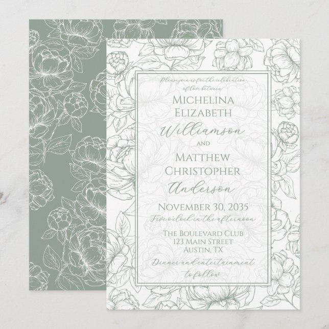 Élégante invitation de mariage florale verte dessi (Devant / Derrière)