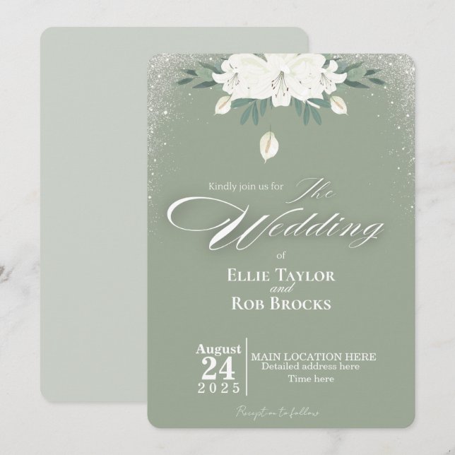 Élégante invitation de mariage florale verte et bl (Devant / Derrière)