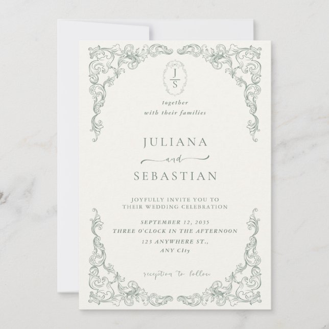 Élégante invitation de mariage florale verte vinta (Devant)