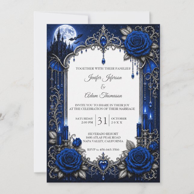 Élégante invitation de mariage gothique bleu royal (Devant)