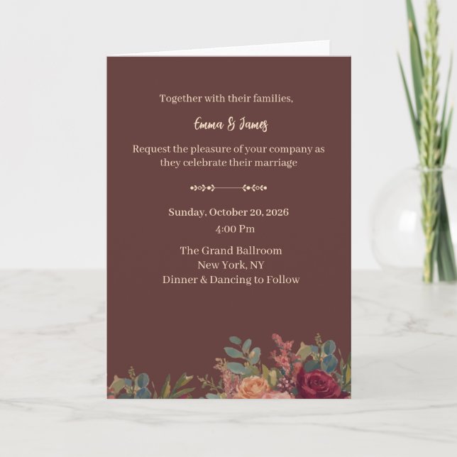 Élégante invitation de mariage luxueuse bordeaux  (Devant)
