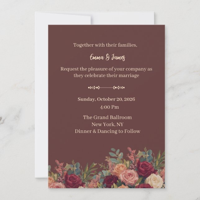 Élégante invitation de mariage luxueuse bordeaux  (Devant)