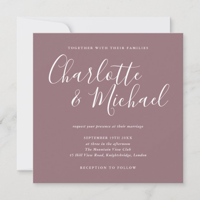 Élégante invitation de mariage mauve écriture sign (Devant)