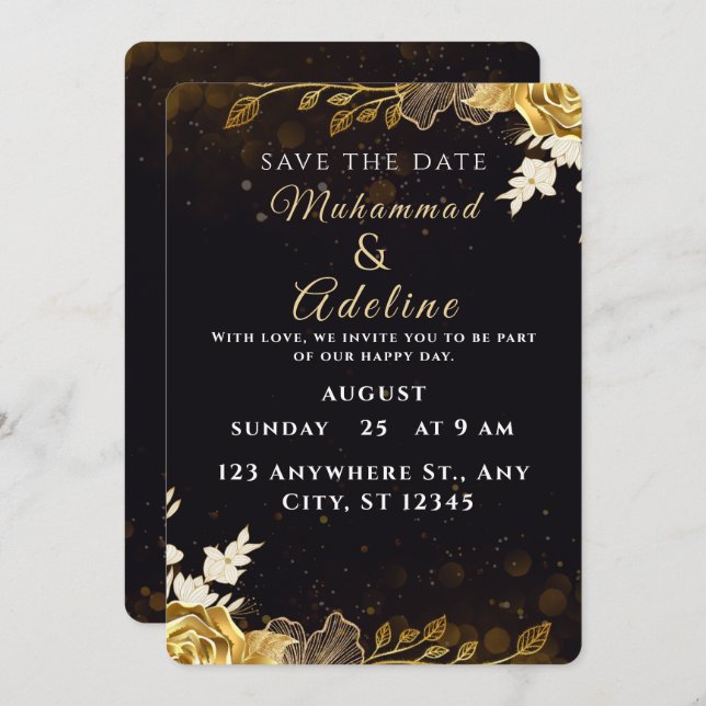 Elégante invitation de mariage moderne - Noir & Bl (Devant / Derrière)