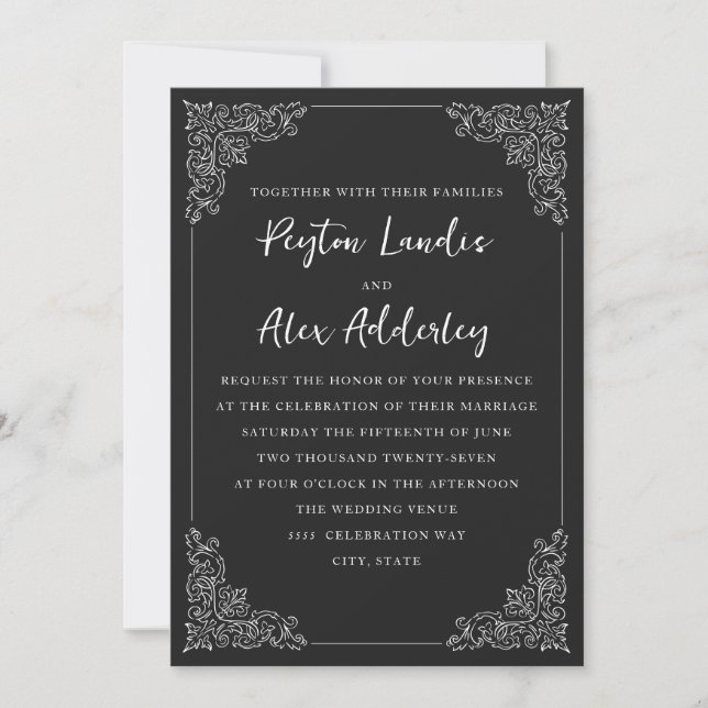 Élégante invitation de mariage noir et blanc vinta (Devant)