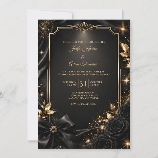 Élégante invitation de mariage noir et or (Devant)