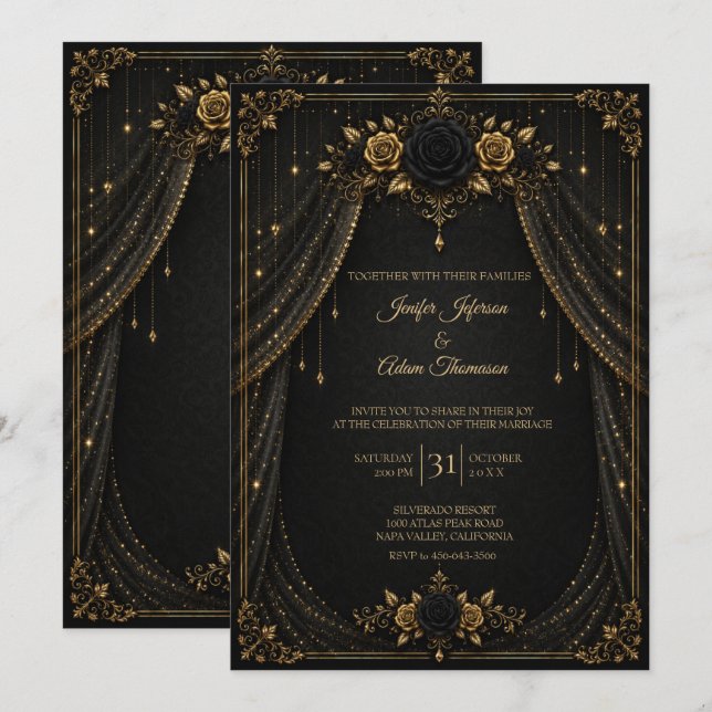Élégante invitation de mariage noir et or (Devant / Derrière)