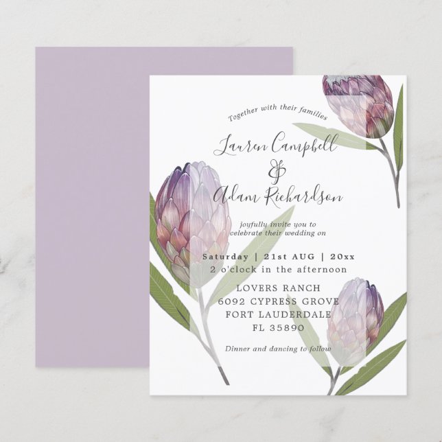 Élégante invitation de mariage Protea Violet Budge (Devant / Derrière)