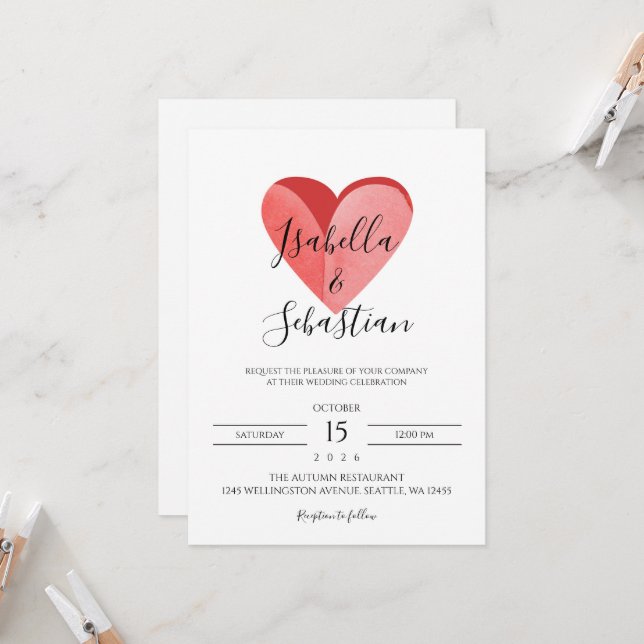 Élégante invitation de mariage simple cœur rose (Devant/Arrière en situation)