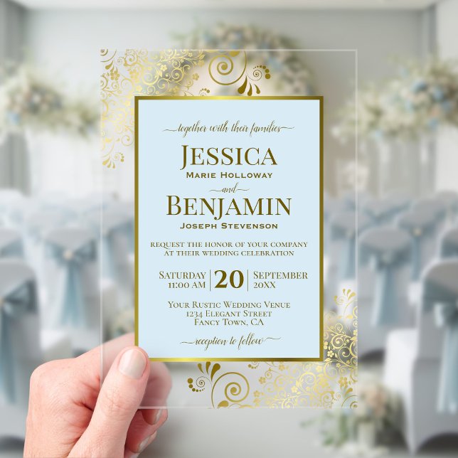 Élégante invitation de mariage texte bleu poudré e (Clear Acrylic with Rectangle Cut)
