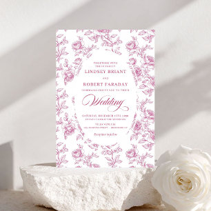 Élégante invitation de mariage toile de Jouy roses