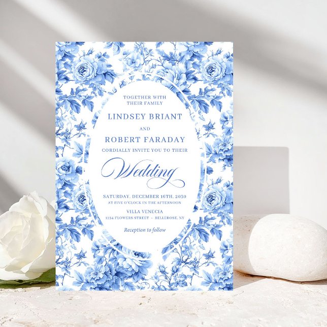 Élégante invitation de mariage Toile Rose Navy (Elegant Navy Toile Rose Wedding Invitation)