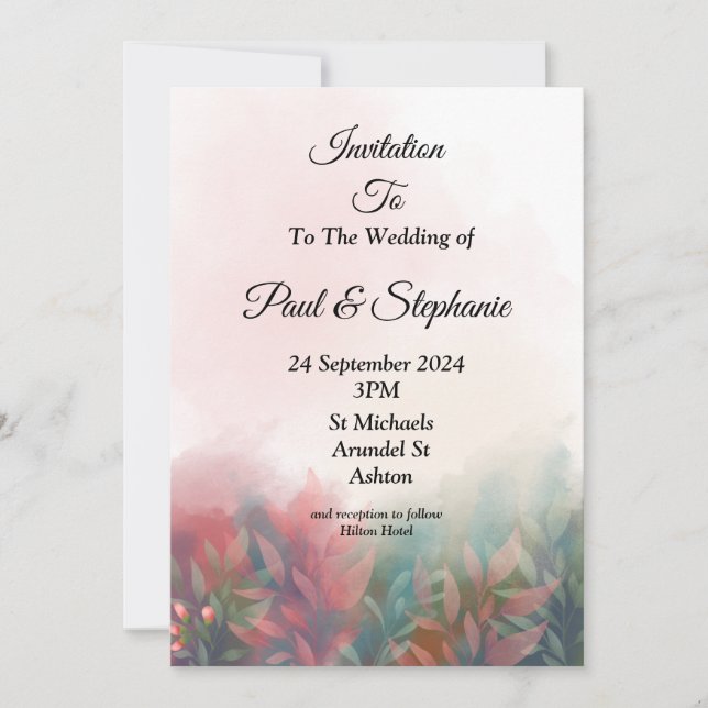 Elégante invitation de mariage, vert, feuilles ros (Devant)