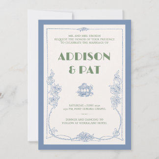 Élégante invitation de mariage vintage bleu poussi