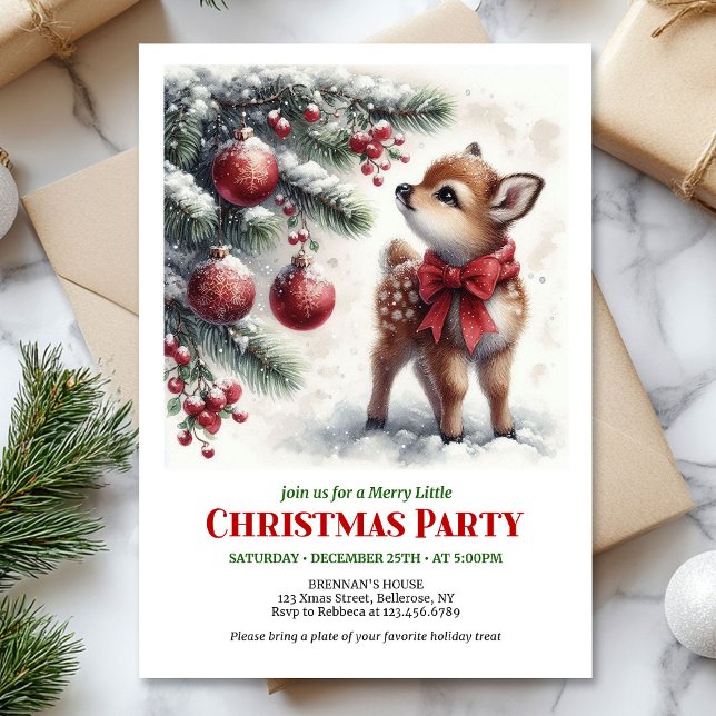Élégante invitation de Noël bébé cerf aquarelle fo (Elegant watercolor baby deer snowy forest Christmas invitation

)