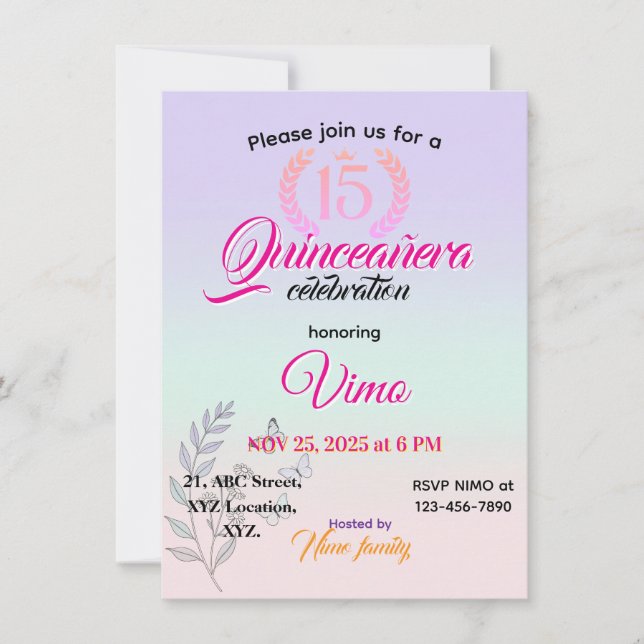 Élégante invitation de Quinceañera avec illustrati (Devant)