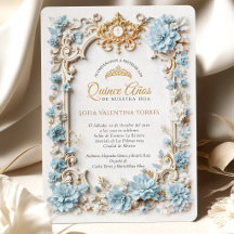 Élégante invitation de Quinceañera bleue et or en