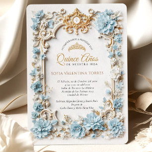 Élégante invitation de Quinceañera bleue et or en