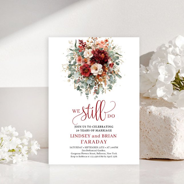 Élégante invitation de renouvellement de vœux Flor (This romantic vow renewal invitation features watercolor burgundy flowers, lush eucalyptus greenery )