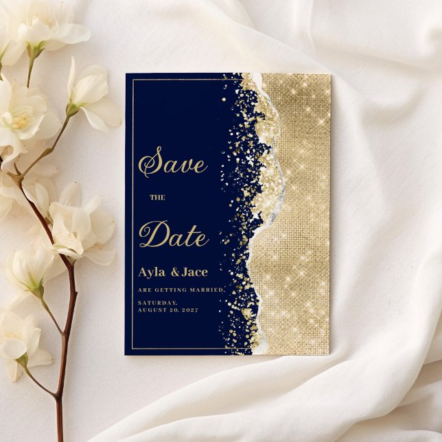 Élégante invitation de sauvegarde de date de maria (Classy luxury navy blue gold glitter Save the Date)