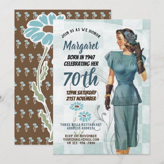 Élégante Invitation du 70e anniversaire RETRO 1940 (Devant / Derrière)