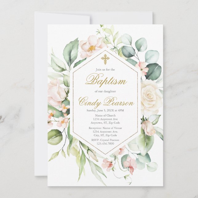 Élégante invitation florale Baptême fille (Devant)