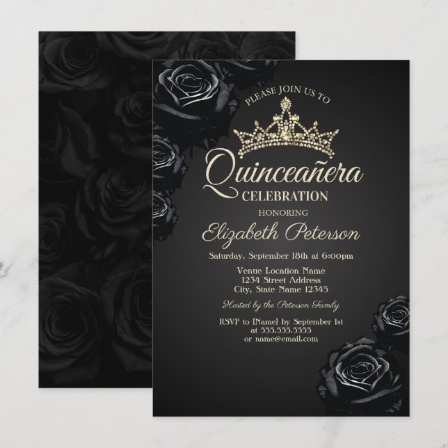 Élégante invitation gothique de Quinceañera aux ro (Devant / Derrière)