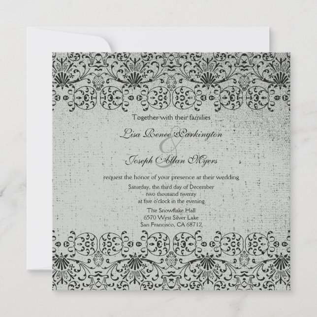 Elégante invitation mariage damassé en argent noir (Devant)
