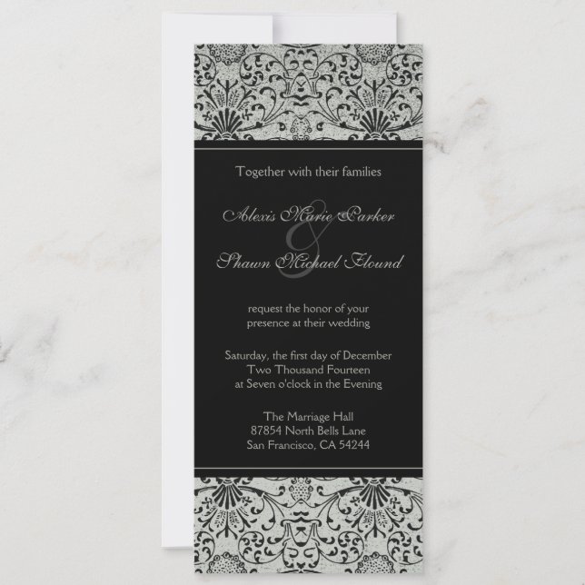 Elégante invitation mariage damassé noir argent ar (Devant)