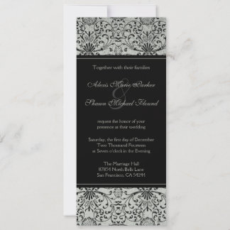 Elégante invitation mariage damassé noir argent ar