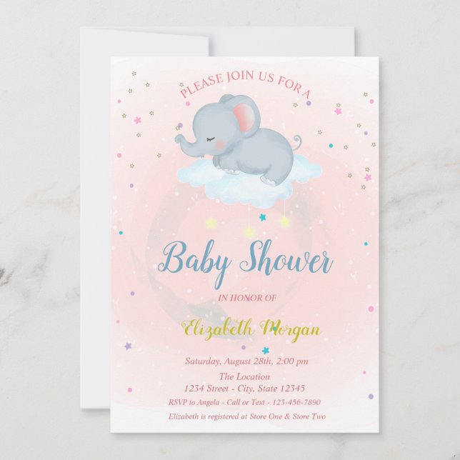 Élégante invitation pour baby shower avec éléphant (Devant)