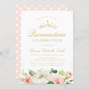 Elégante invitation Quinceanera rose floral