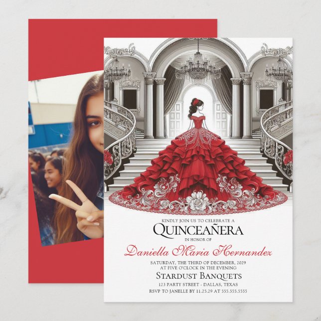 Elégante invitation Red Quinceañera (Devant / Derrière)