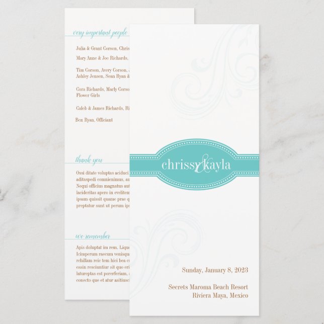 Elégante Invitation Turquoise, Caroline Mariage (Devant / Derrière)