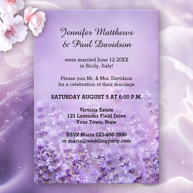 Élégante Lavande Post Mariage Fête Invitation (Romantic post wedding party invitation featuring a painting of lavender flowers)