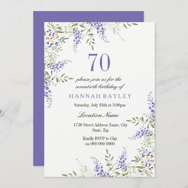 Élégante Lavande violette 70e Invitation d'anniver (Devant / Derrière)