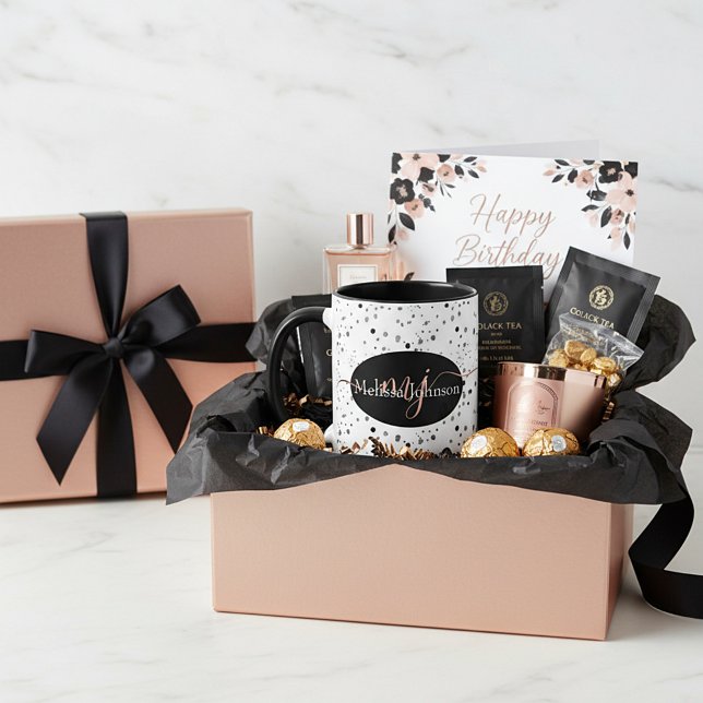 Élégante lettre Rose en or sur Mug Noir (Créateur téléchargé)