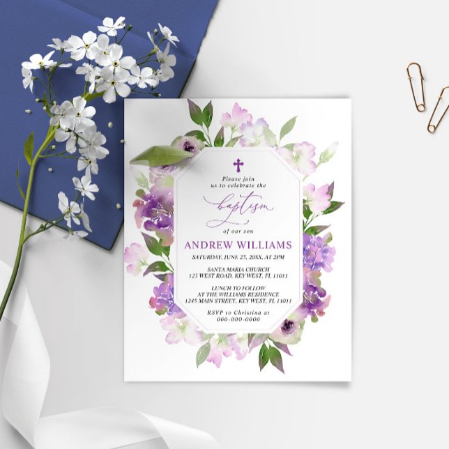Élégante Lilac Purple Fleurs Baptême Invitation (Créateur téléchargé)