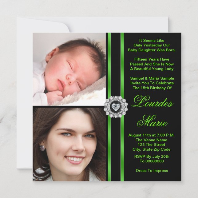 Elégante Lime Green Photo Quinceanera Invitations (Devant)