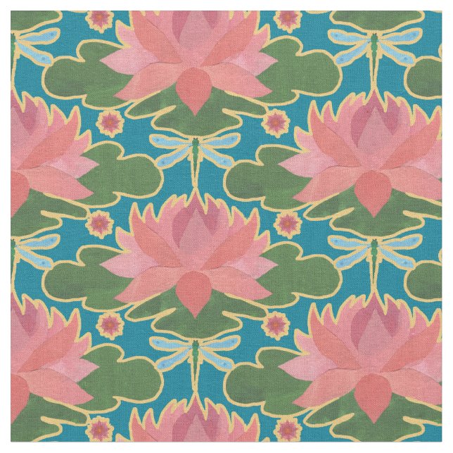 Élégante Lys d'eau Dragonfly sur tissu bleu profon (Fermer)