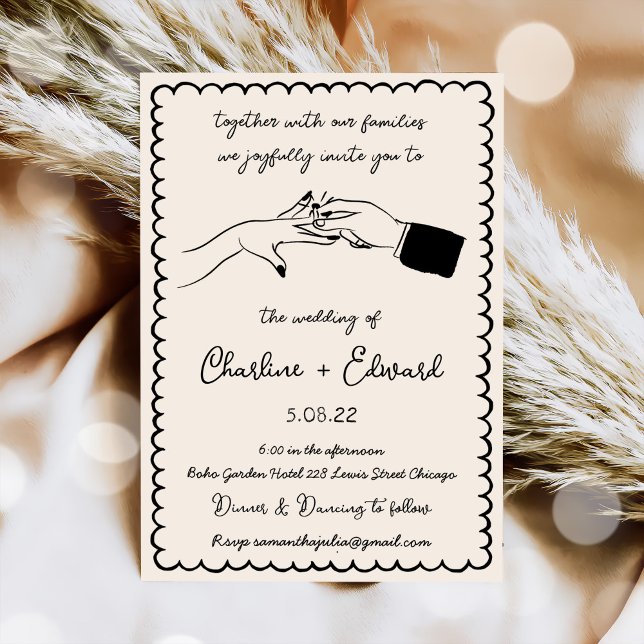 Elégante main tirée Faire-part de mariage noir rét (Créateur téléchargé)