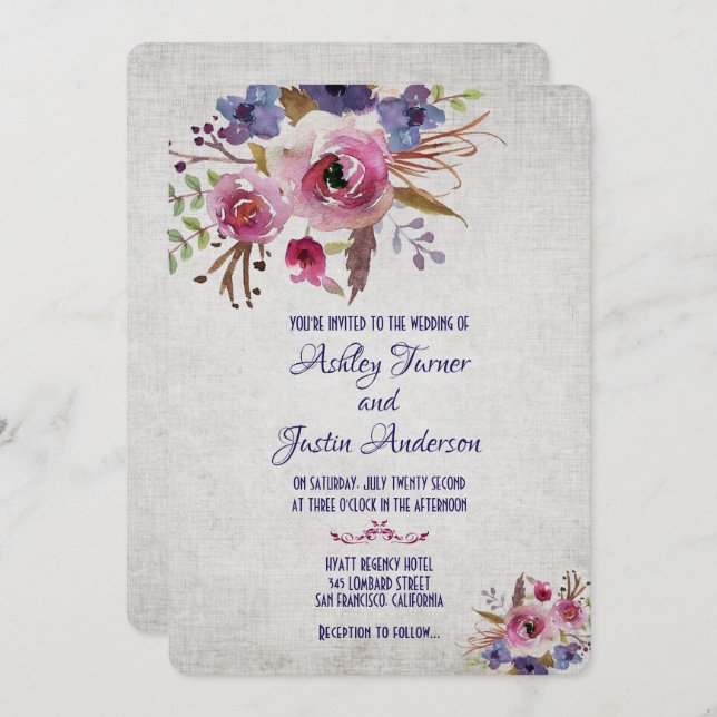 Elégante Mariage Aquarelle Fleurs Invitations (Devant / Derrière)