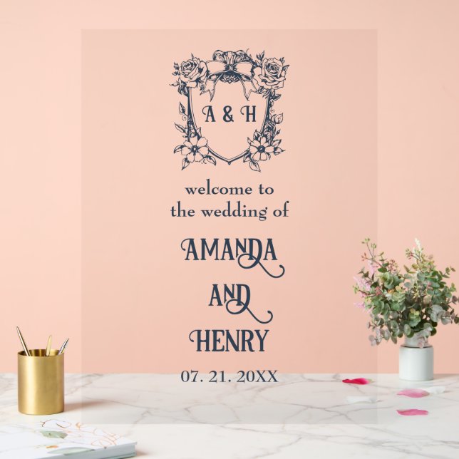 Élégante Mariage de Monogram Crest Floral Affiche  (Mariage)