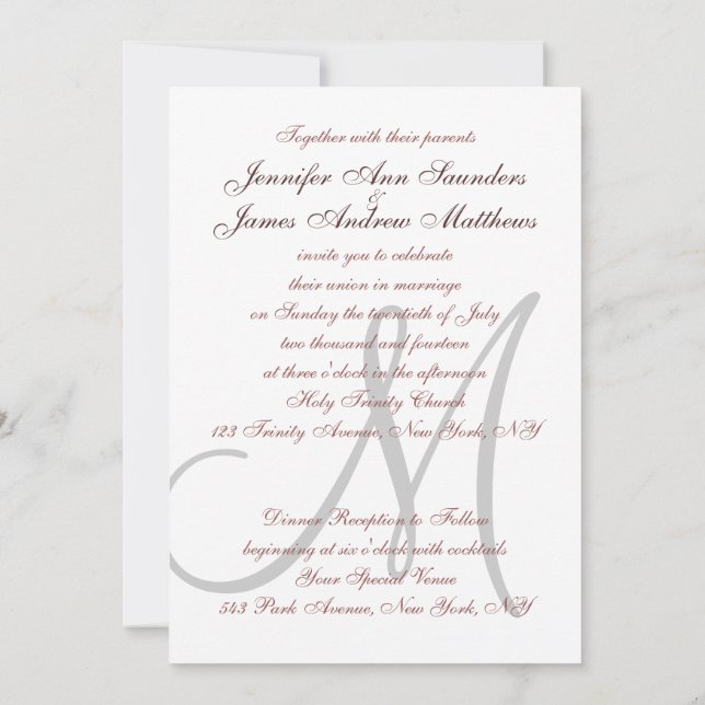 Élégante Marsala Grey Invitations de mariage initi (Dos)