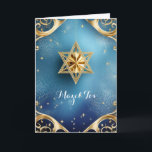 Élégante Mazel Tov, Carte de voeux pliée 5" x 7"<br><div class="desc">Gold Star de David avec des détails d'or exquis contre un arrière - plan bleu; l'accueil est "Mazel Tov" sur le devant. L'intérieur a été laissé en blanc pour que vous personnalisiez cette carte élégante. Suggéré pour les mariages,  anniversaires,  bar mitzvahs,  bat mitzvah et autres occasions spéciales ou vacances.</div>